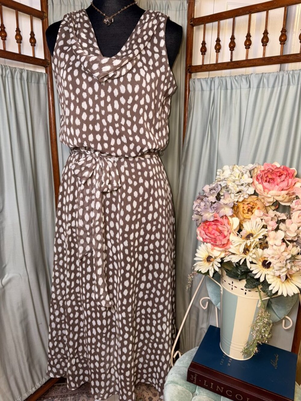 MSK Brown Polka Dot Midi Dress Sleeveless Cowl Neck Tie Waist Flowy Casual Chic